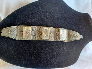 ANTIQUE CHINESE EXPORT SILVER FILIGREE HAND PAINTED GEISHA BRACELET clasp as is - Picture 1 of 9