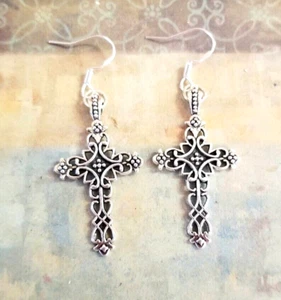 Large Silver Cross Earrings Celtic Cross Earrings Cross Dangle Gothic Jewelry - Picture 1 of 5