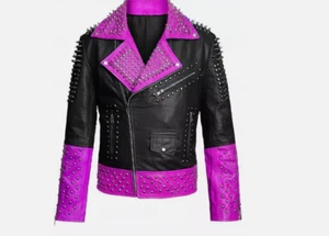 Handgefertigte lila & schwarze Leder-Motorradjacken mit Nieten für Herren, Bikerjacken - Bild 1 von 3