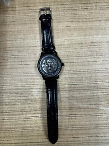 Forsining Skeleton Carved Mechanical Mens Wtch Black Leather Band New - Picture 1 of 4