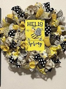 Handmade Summer Bee Wreath Deco Mesh Large Floral Front Door Farmhouse Decor - Picture 1 of 4