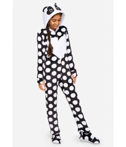 NWT Justice Girls One Piece Panda Hooded Pajama Front Zip Removable Footies NEW - Picture 1 of 9