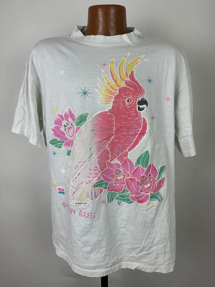 Camiseta De Colección Ocean Reef Cacatúa XL Floral Brillo Key Largo Florida Hipster Foto 1 de 4
