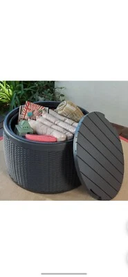 Keter Circa Rattan Round Patio Box Stylish Storage Table & Seating Blk/Gry NEW!!