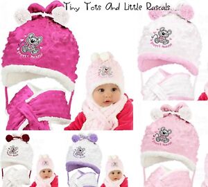 Baby Girls Toddler Warm Winter Dimple Mink Hat & Scarf Xmas Santa Gift 3-24 mths