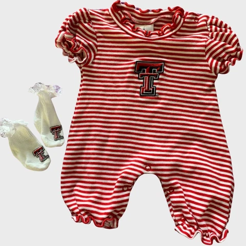 Texas Tech Red Raiders Baby Girls 0-3 Mo White Stripe Romper w/ matching socks Cover