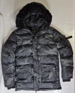Mens SikSilk Parka Coat Puff Padded Camo Size S RRP £125 Fur Hood - Picture 1 of 8