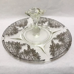 Paden City Sterling Silver Overlay Spire Glass Center Handle Serving Tray 1940's - Picture 1 of 12