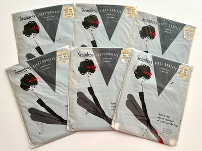 6 Paar Vintage Nylon Strümpfe RHT Seamless Micro-Mesh Gr. 8 1/2 Off Black NOS