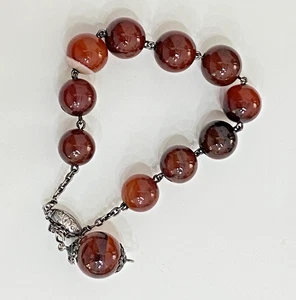 ANTIQUE VINTAGE ROUND AGATE BEAD & SILVER BRACELET - Picture 1 of 7