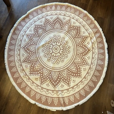 Alfombra redonda Boho Mandala tejida 4 pies rosa malva mezcla de algodón lavable elegante  Foto 1 de 4