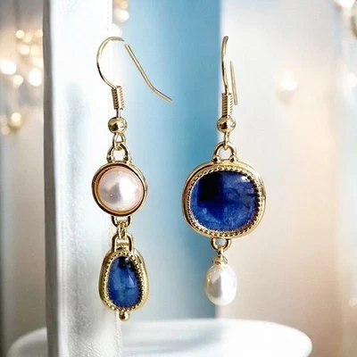 Aktion! Asymmterische Vintage Retro Ohrringe Boho Perlen Royalblau  Goldfarben - Bild 1 von 4