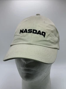 Vintage NASDAQ Baseball Hat Beige Cap Brass Buckle With Logo Adjustable Strap - Picture 1 of 5