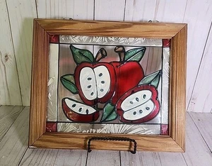 VTG Stained Glass Apples Wood Frame Hanging Panel Window 12x10" Sun Catcher  - Picture 1 of 17