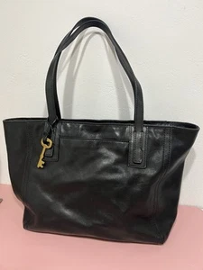 FOSSIL Emma Black Leather Large Work Tote Bag Key Charm - Picture 1 of 11