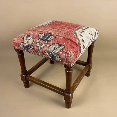 Antique Wooden Stool Upholstered Carpet Kilim Wood Cottage Furniture Studded - Image 1 of 4