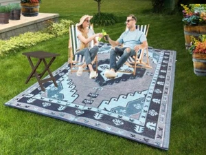 B-USA Large Plastic Outdoor Rugs - 6x9 Reversible Camper Patio Rug Grey Blue 140 - Picture 1 of 10