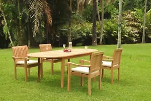 Grade-A Teak Wood Napa 5pc Dining 94" Oval Table 4 Stacking Arm Chair Set - Picture 1 of 8