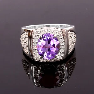 Natural Gema Amatista Con 18k Chapado en Oro Blanco Plata Hombres Anillo #1770 - Imagen 1 de 5