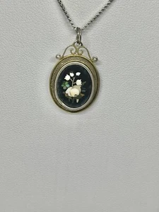 Antique Pieter Dura Micro Mosaic Tulip & Rose Flower Pendant Necklace AS IS - Picture 1 of 10