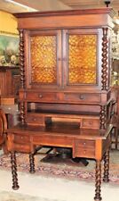 French Antique Louis XIII Secretary Desk Tall Stained Glass Bookcase with Hutch