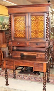 French Antique Louis XIII Secretary Desk Tall Stained Glass Bookcase with Hutch - Picture 1 of 12