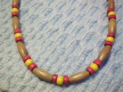 18 inch Pink, Yellow and Tan Unisex Wood Bead NECKLACE with Lobster Clasp D-80 - Image 1 of 3
