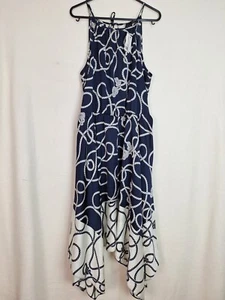 George Ladies size 12 sleeveless navy mix asymmetric hem belted dress new - Picture 1 of 14