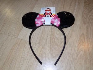 Disney Minnie Mouse Sequined Costume Ears Headband Pink White Polka Dot Bow New - Picture 1 of 2