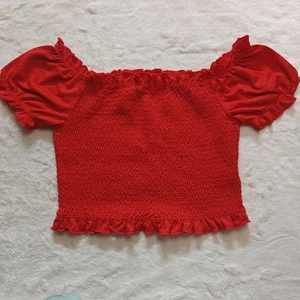 Iris Medium hellrot Salatsaum Borte gesmoktes Puffärmel Crop Top Bluse - Bild 1 von 8