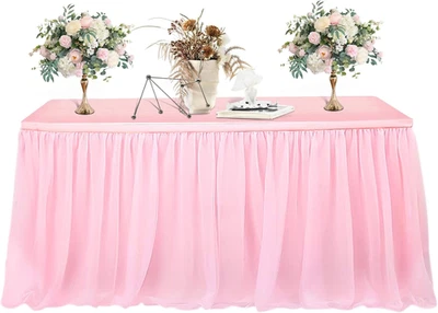 Saia de mesa de tule rosa 6 pés, saia de mesa toalha de mesa para mesas retangulares redondas  - Imagem 1 de 4