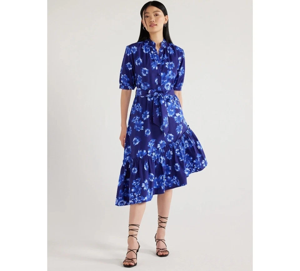 Vestido midi con volantes asimétricos Scoop para mujer talla L 12-14 azul peonía arrojada Foto 1 de 4