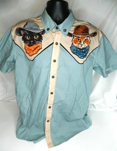 Boozelele Shirt Mens Large Blue Western Cowboy Cat Bandana Short Sleeve (B) - Picture 1 of 11