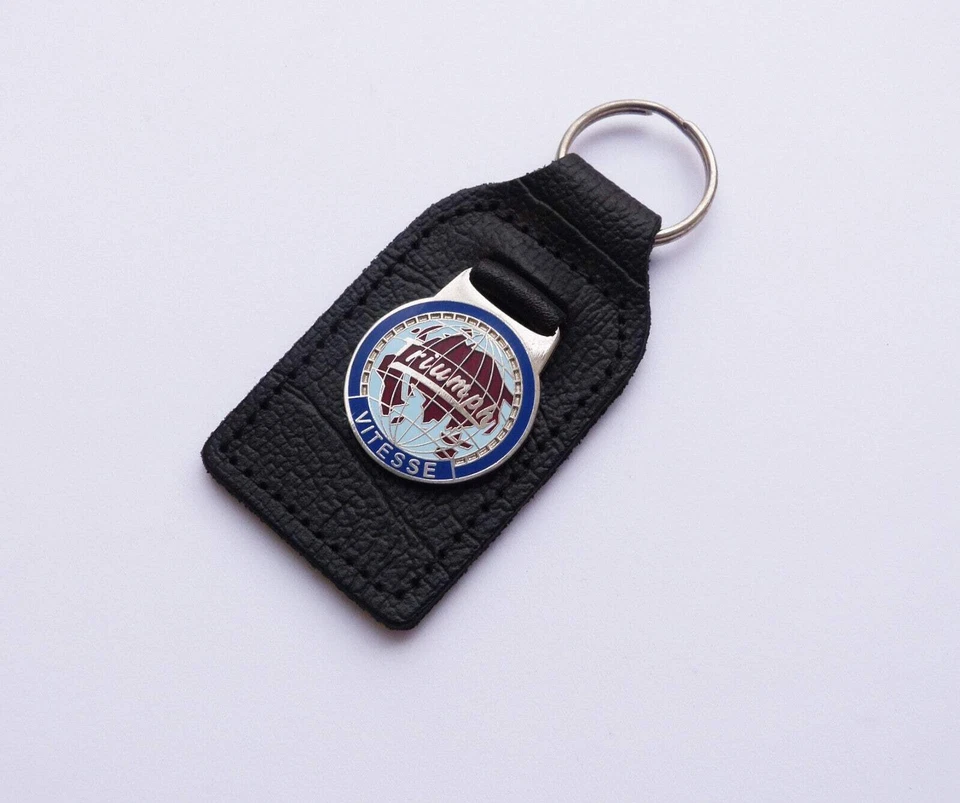 CLASSIC BITS Triumph Vitesse Leather, Enamel & Chrome Globe / World Emblem Key Fob / Ring.