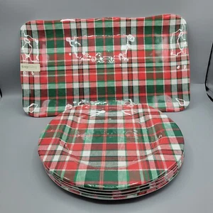 Tag NWT Set Of 4 Melamine Dinner Plates & 1 Rectanglular Tray, Holiday Plaid - Picture 1 of 7