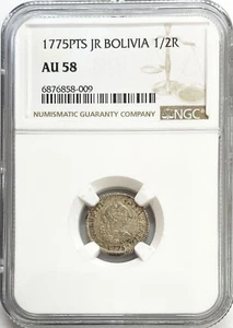 1775 PTS JR SILVER BOLIVIA 1/2 REAL CHARLES III COIN NGC ABOUT UNC 58 - Picture 1 of 2