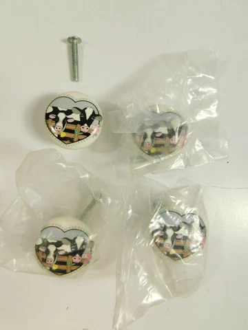 Lot of 4 Ceramic Cow Drawer Knobs with Hearts Dresser Pulls 3 New Cover