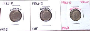 1982 P VERY FINE PLUS / 1982-D FINE PLUS / 1982-S HIGH END PROOF ROOSEVELT DIMES - Picture 1 of 7