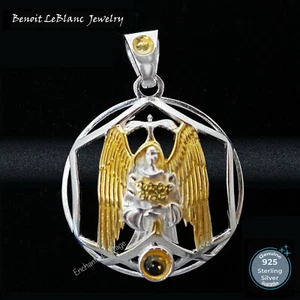 STERLING SILVER 925 ARCHANGEL GABRIEL GOLD PLATED w/ 2 CITRINES PENDANT JEWELRY - Picture 1 of 6