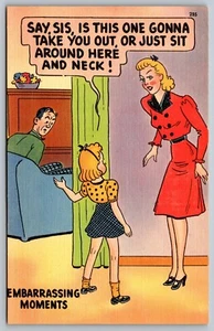 Humor Postcard Embarrassing Moment Hey Sis Sit Around and Neck 1930s Linen L1 - Picture 1 of 2