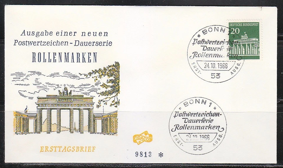Germany 1966 FDC cover Mi 507 Rollenmarken Brandenburg Gate - Image 1 of 1