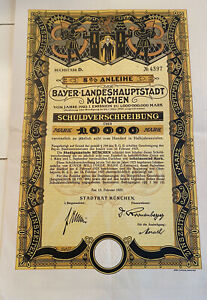 Germany 1923 Stadtrat Bayer Munchen 10.000 Mark Coupons Bond Anleihe Loan Share