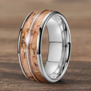 6/8MM Men Women Tungsten Carbide Ring Band Inlaid Brown Wood Guitar String Ring - Picture 1 of 10