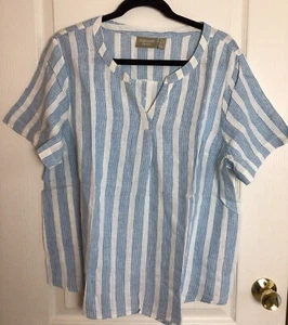 Denim And Co. Blue Stripe Linen Blend V Neck Curve Hem Button Back blouse L - Picture 1 of 6