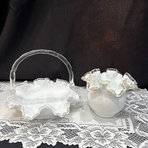 Set Of 2Fenton Milk Glass Silver Crested Basket& Rose Bowl Ruffled Edge Unmarked - Picture 1 of 8