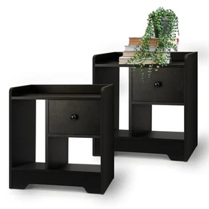 Oikiture Bedside Tables Set of 2 Side Table Nightstand Storage Shelf Black - Picture 1 of 10