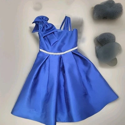 Rare Edition Girls Mikado Bow Shoulder Dress Blue Satin Jeweled Waist Pleated  - Image 1 of 4