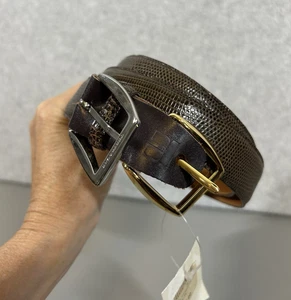 Trafalgar Cognac Leather Java Lizard Belt Size 34 With Gold & Silver Buckles - Picture 1 of 12