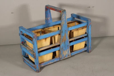 EARLY BERRY CARRIER WITH HANDLE IN GREAT OLD BLUE PAINT OVER RED WITH 6 BASKETS - Image 1 of 4