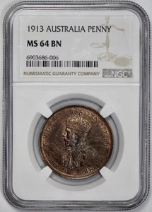 1913 Australia Penny NGC MS 64 BN Looks RB - Picture 1 of 4